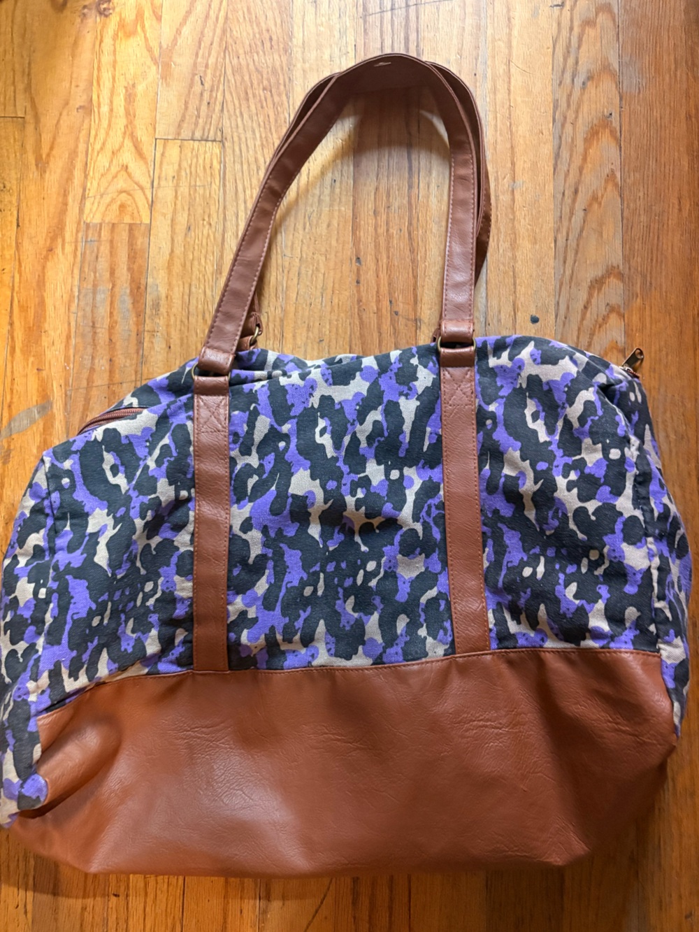 Purple Camo Canvas shoulder travel Tote Bag with Brown Trim - Women Bags